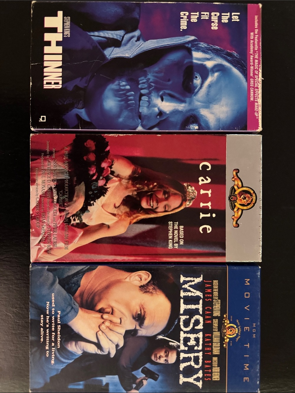 3 VHS 📼- carrie, MISERY, THINNER _ Stephen King movies _ tested. Horror thriller